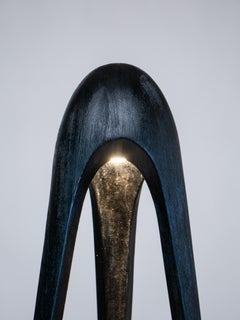 Flowlight Design Hand-Carved Mid-Century Modern Wood Floor Lamp, Guardian, Black