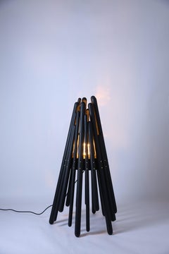 Flowlight Hand-Carved Mid-Century Modern Light Solid Wood Floor Lamp BLAZE Black