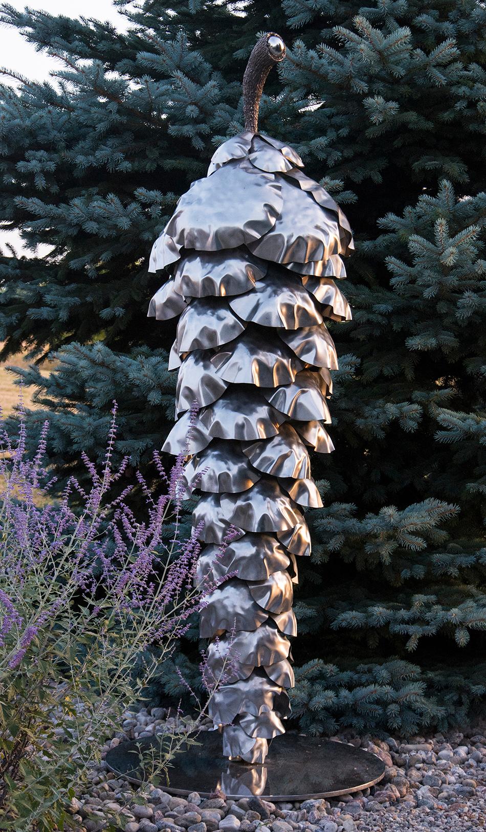 Floyd Elzinga Still-Life Sculpture - Balance - Pine Cone - large, nature inspired, stainless steel outdoor sculpture