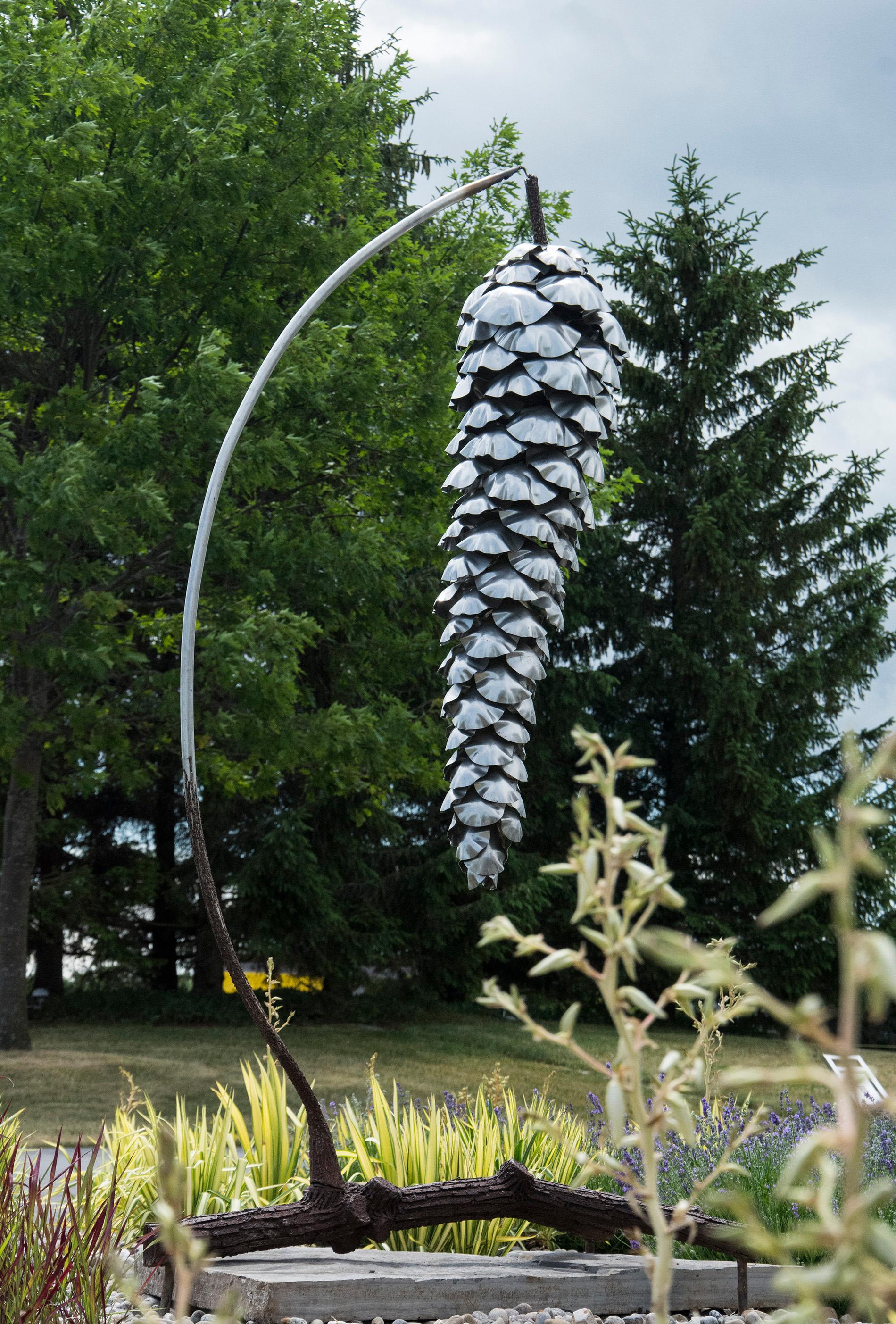 Suspended Pine Cone - large, nature inspired, stainless steel outdoor sculpture - Sculpture by Floyd Elzinga
