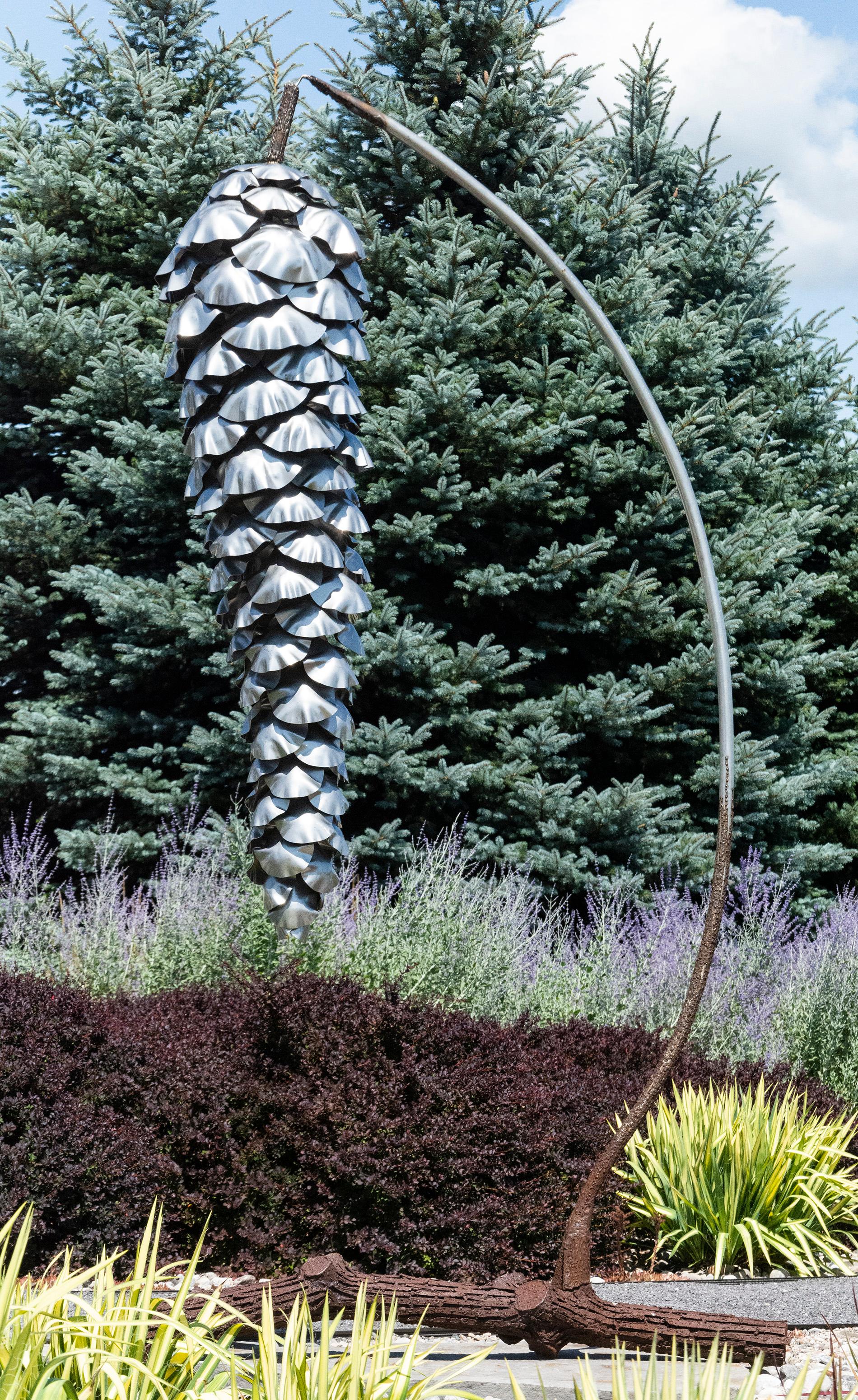 Floyd Elzinga Still-Life Sculpture - Suspended Pine Cone - large, nature inspired, stainless steel outdoor sculpture