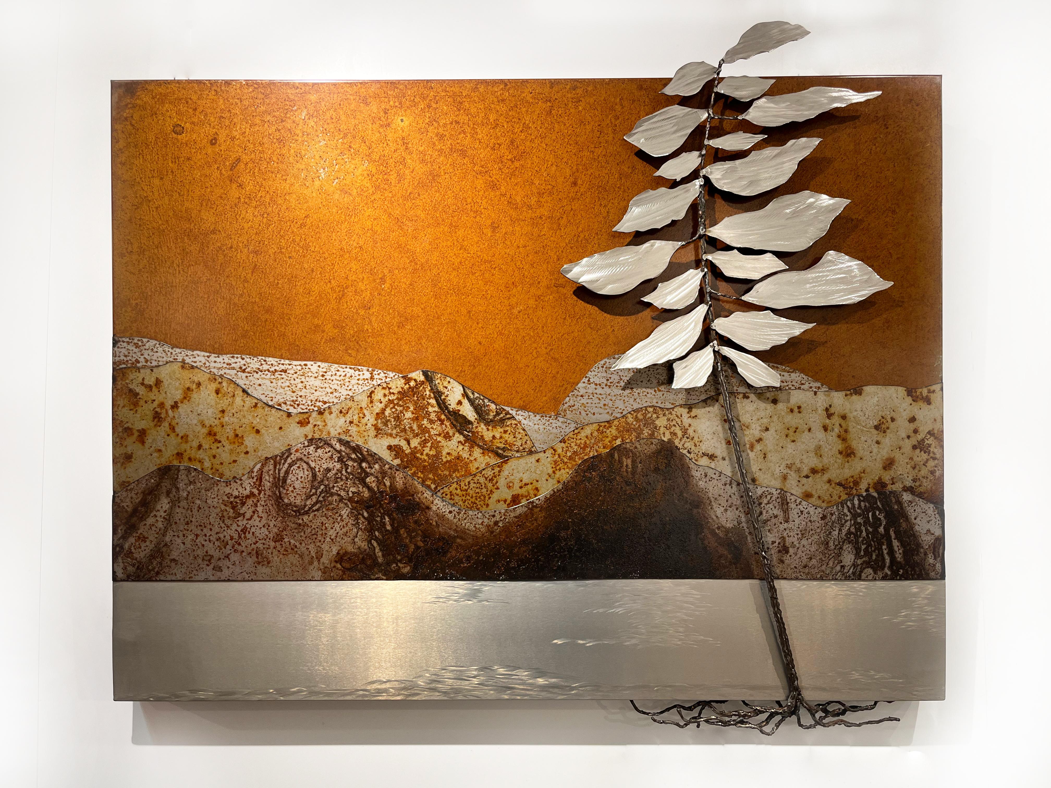 Floyd Elzinga Landscape Painting - Looking West steel wall landscape 3D patina metal sculpture Canadian art