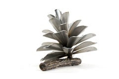 Stainless Pine Cone on Branch - small, nature inspired, metal sculpture