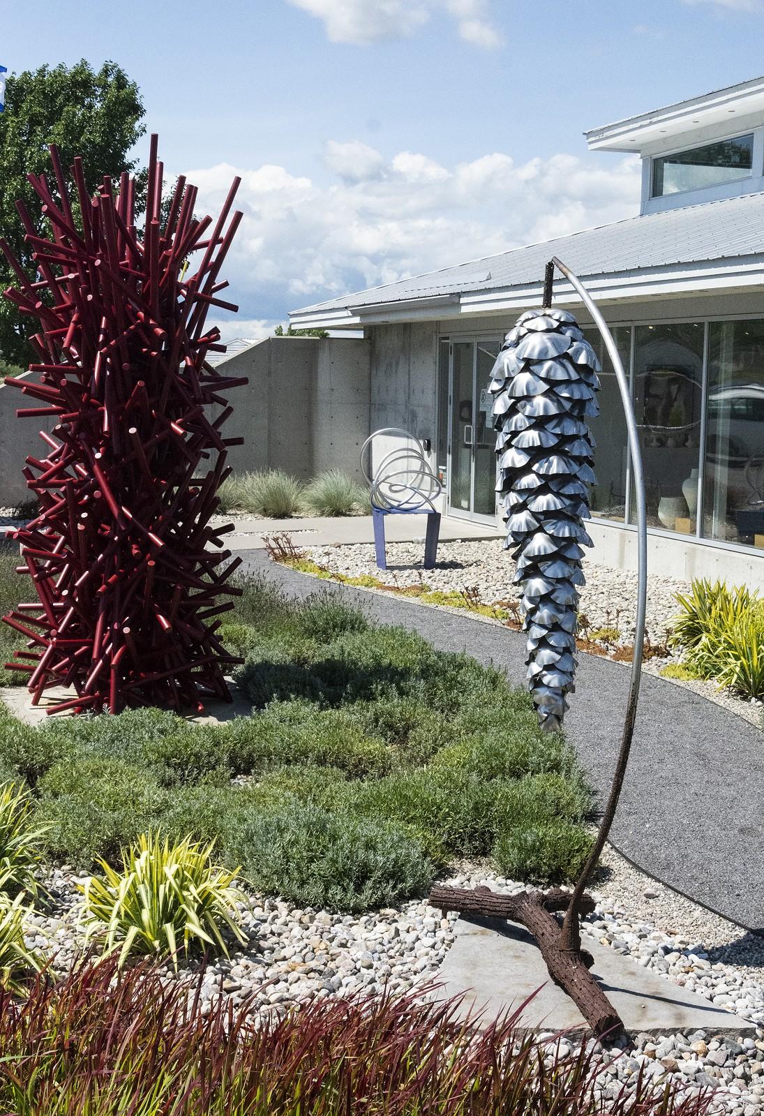 Suspended Pine Cone - large, nature inspired, stainless steel outdoor sculpture - Blue Still-Life Sculpture by Floyd Elzinga