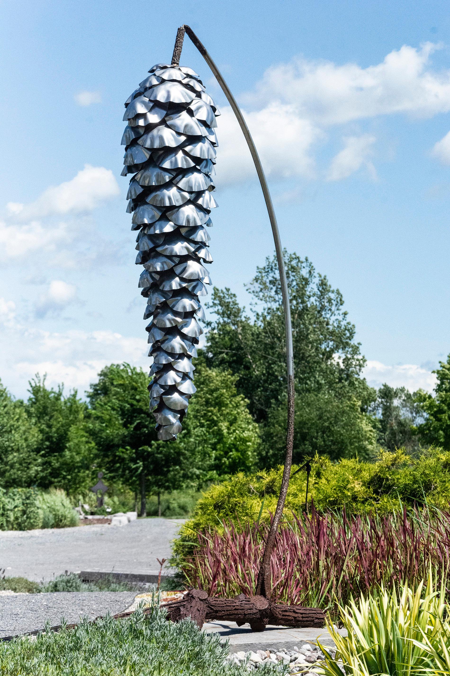 Floyd Elzinga Still-Life Sculpture - Suspended Pine Cone - large, nature inspired, stainless steel outdoor sculpture