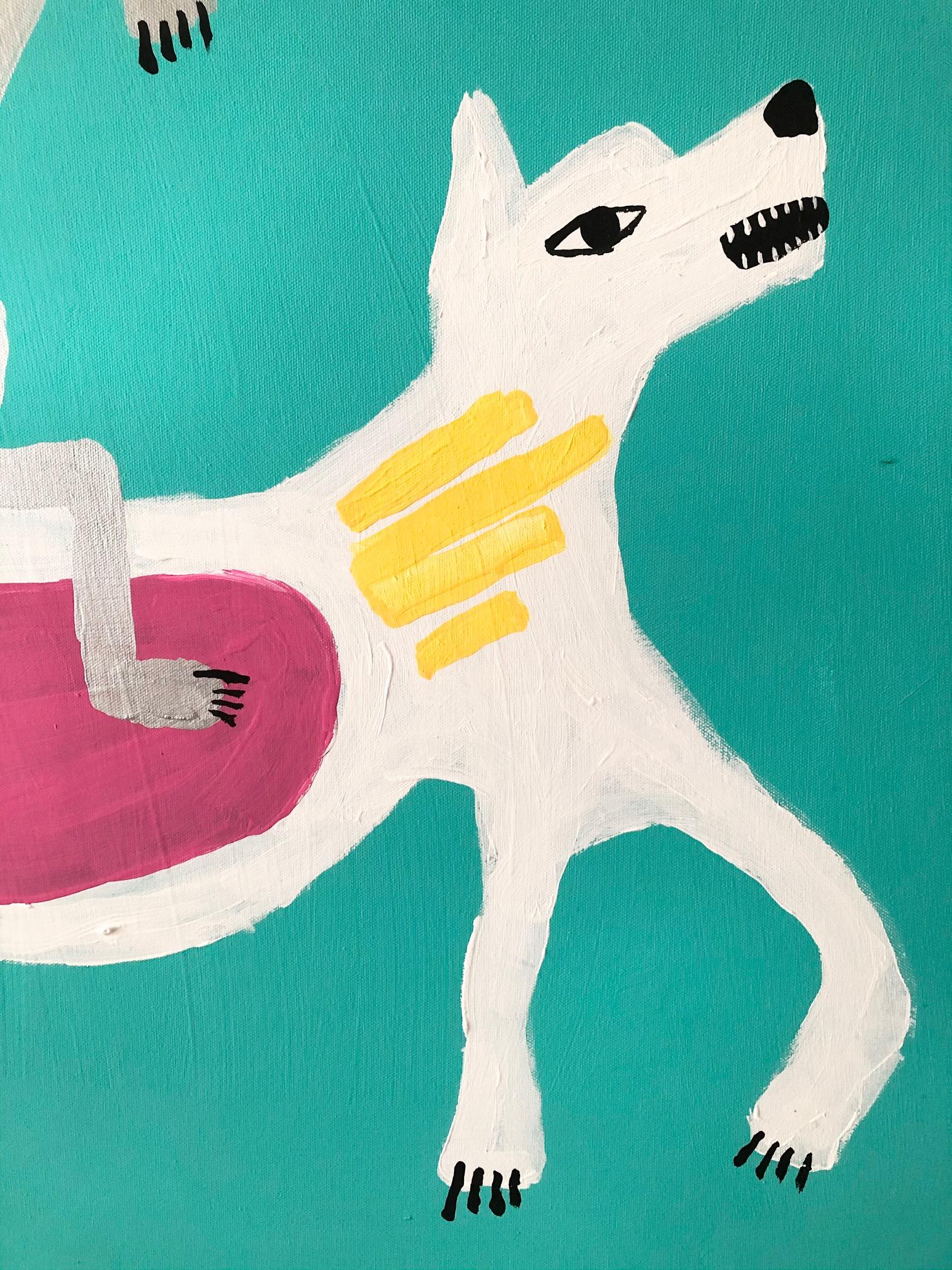 Jolly Rider est une peinture contemporaine inuite originale, unique en son genre, réalisée à l'acrylique sur toile. De vibrantes touches de couleur s'harmonisent pour créer cette œuvre d'art unique et contemporaine de Floyd Kaputana. Signé au recto