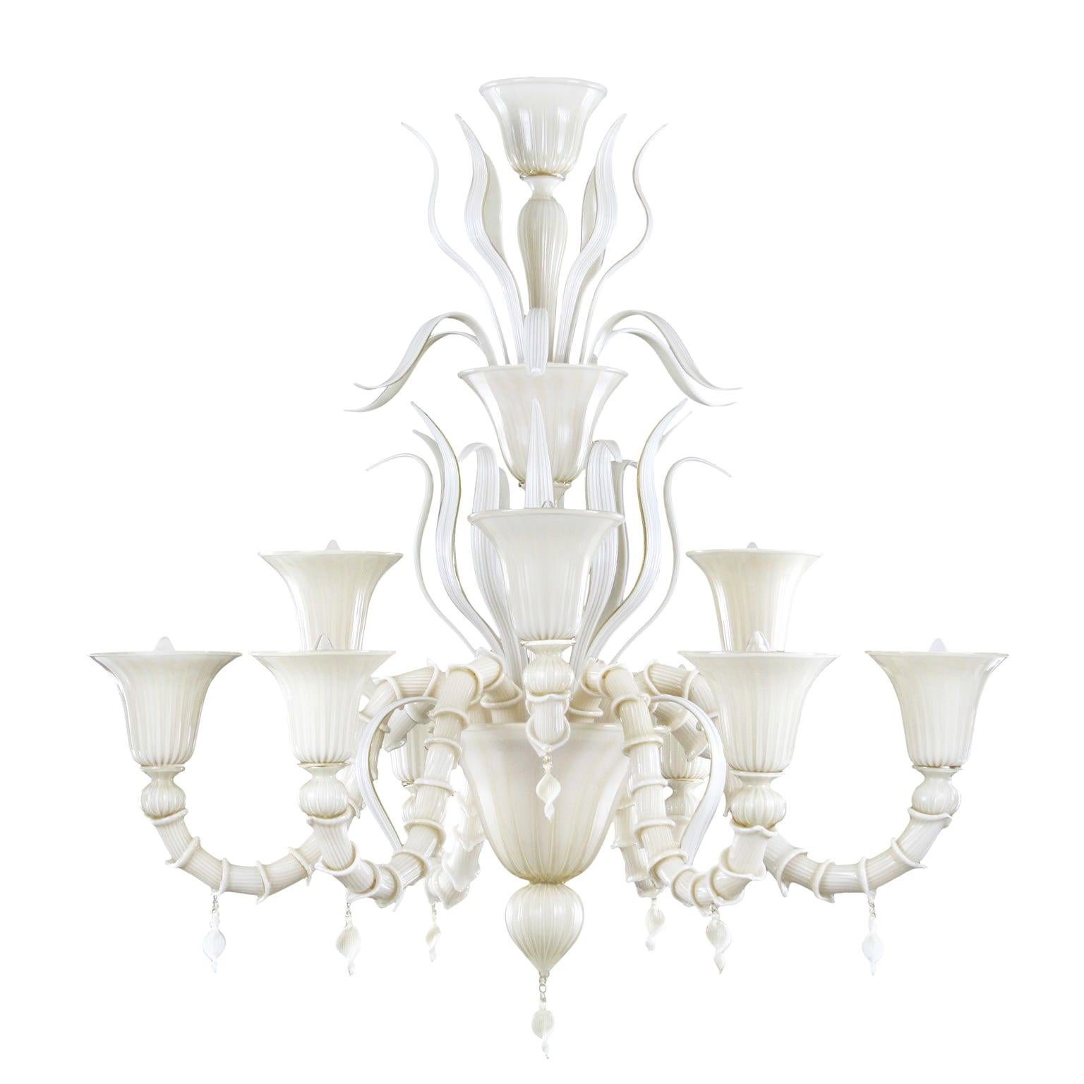Rezzonico Chandelier 6+3 arms encased Ivory Murano Glass Fluage by Multiforme For Sale