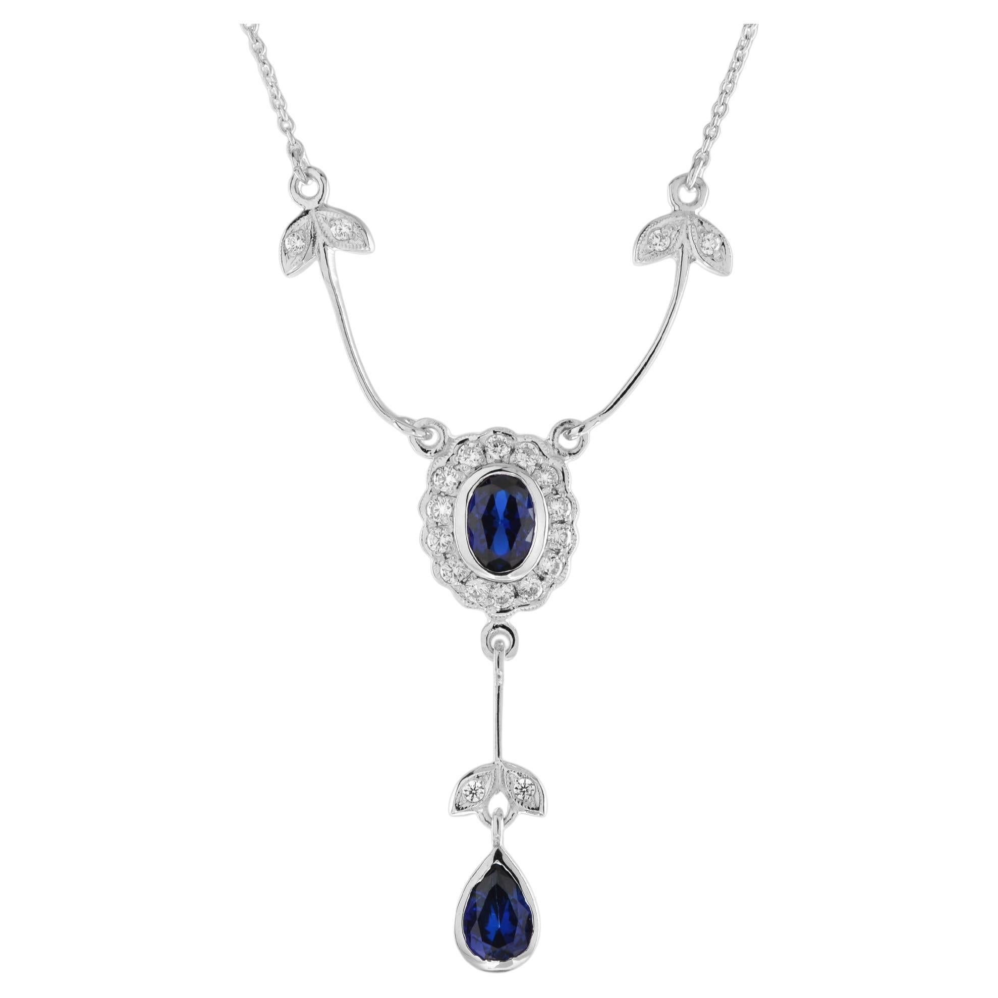 Ceylon Sapphire and Diamond Vintage Style Floral Drop Necklace in 18K White Gold For Sale