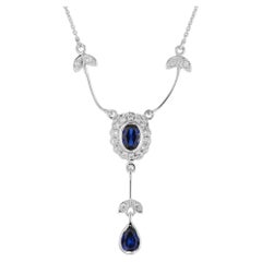 Ceylon Sapphire and Diamond Vintage Style Floral Drop Necklace in 18K White Gold