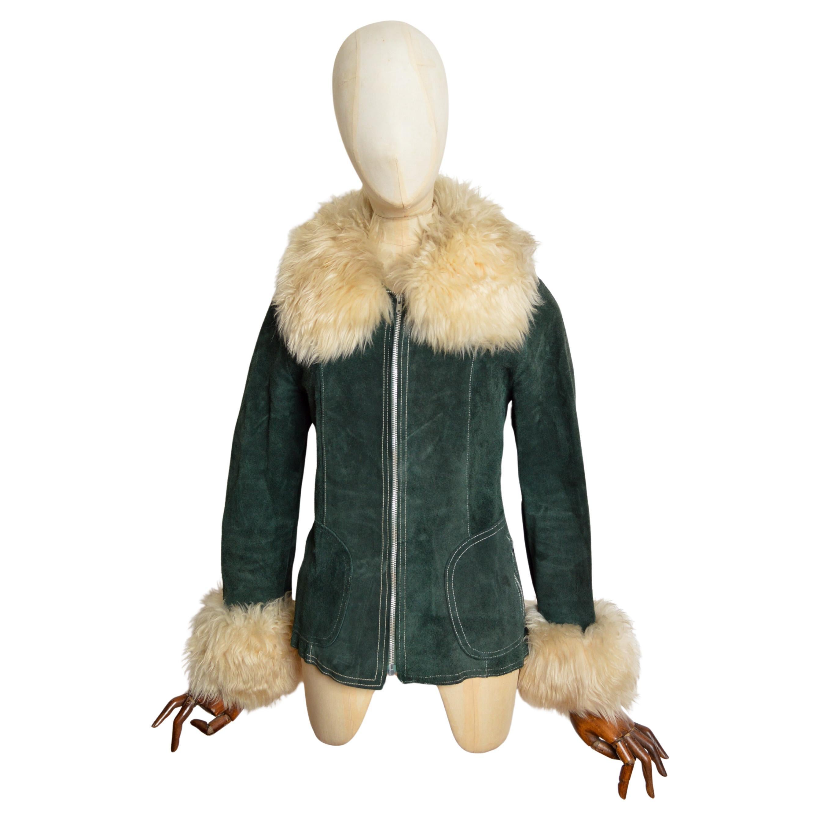 Fluffy 1970
s Bottle Green Penny Lane Vintage Suede Shearling Coat - Jacket