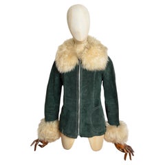 Fluffy 1970
s Bottle Green Penny Lane Vintage Suede Shearling Coat - Jacket