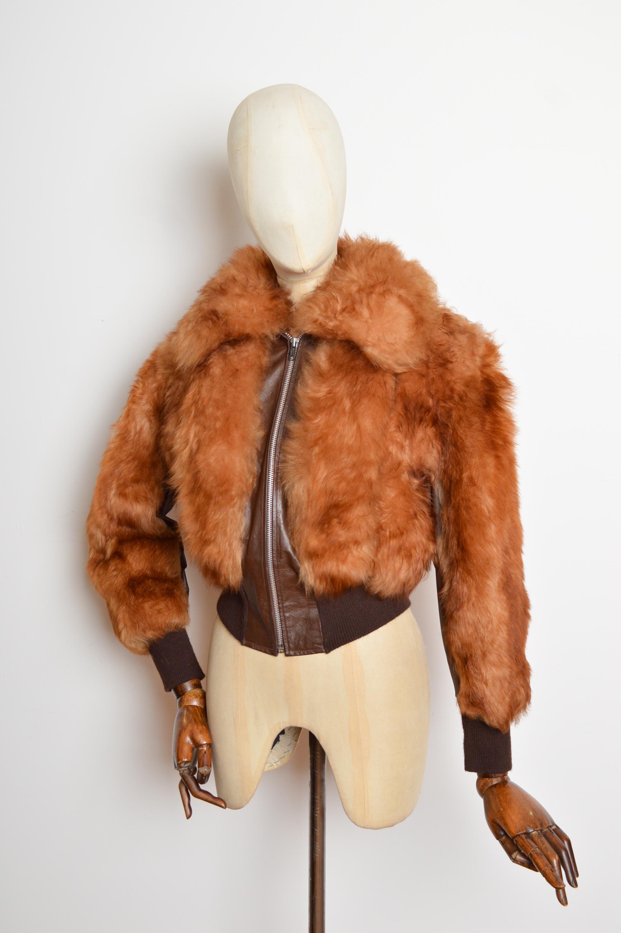Vaporoso bomber anni '70 in montone Ginger e pelle marrone Cappotto di pelliccia in vendita 5