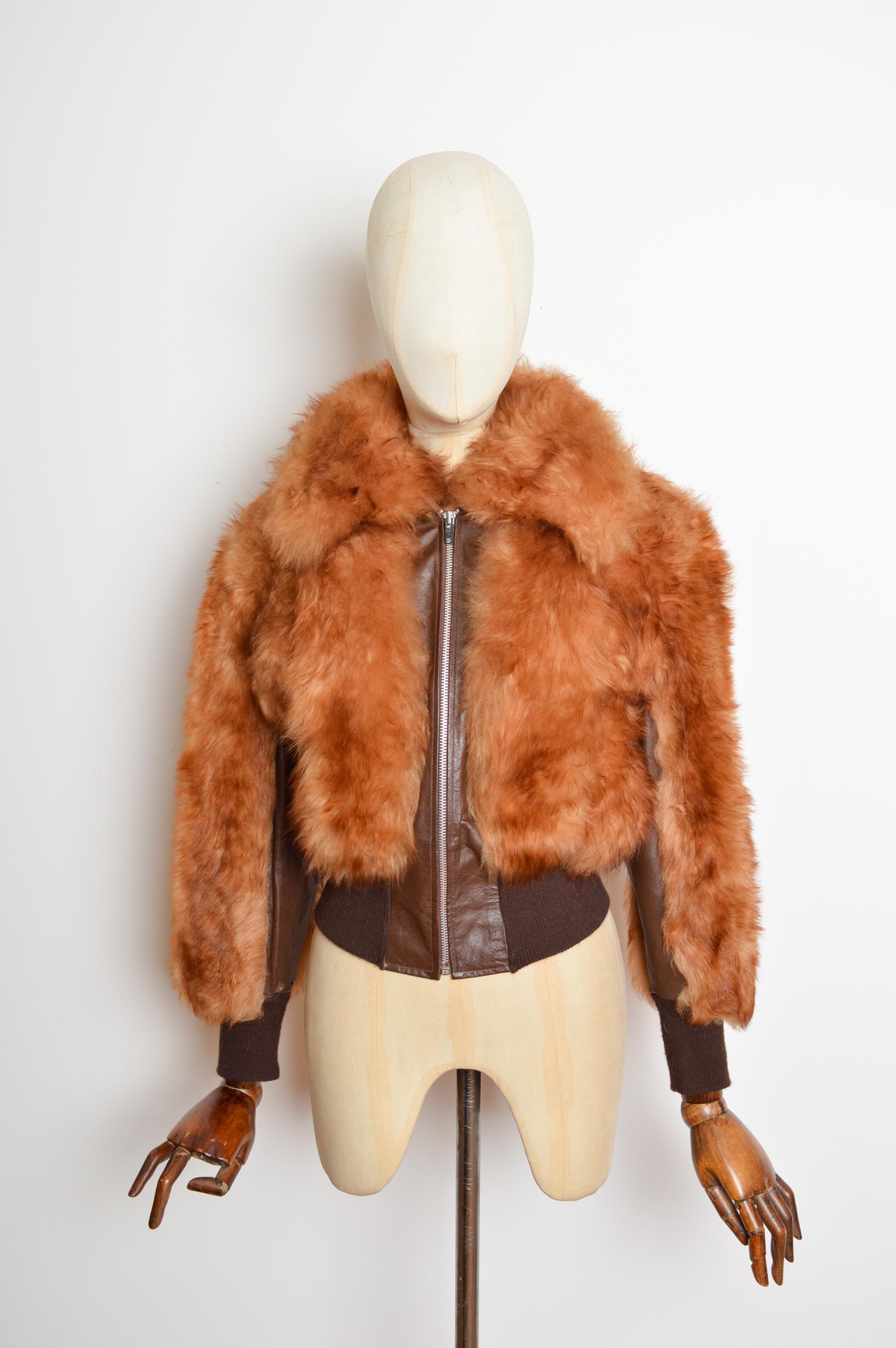 Vaporoso bomber anni '70 in montone Ginger e pelle marrone Cappotto di pelliccia In condizioni buone in vendita a Sheffield, GB