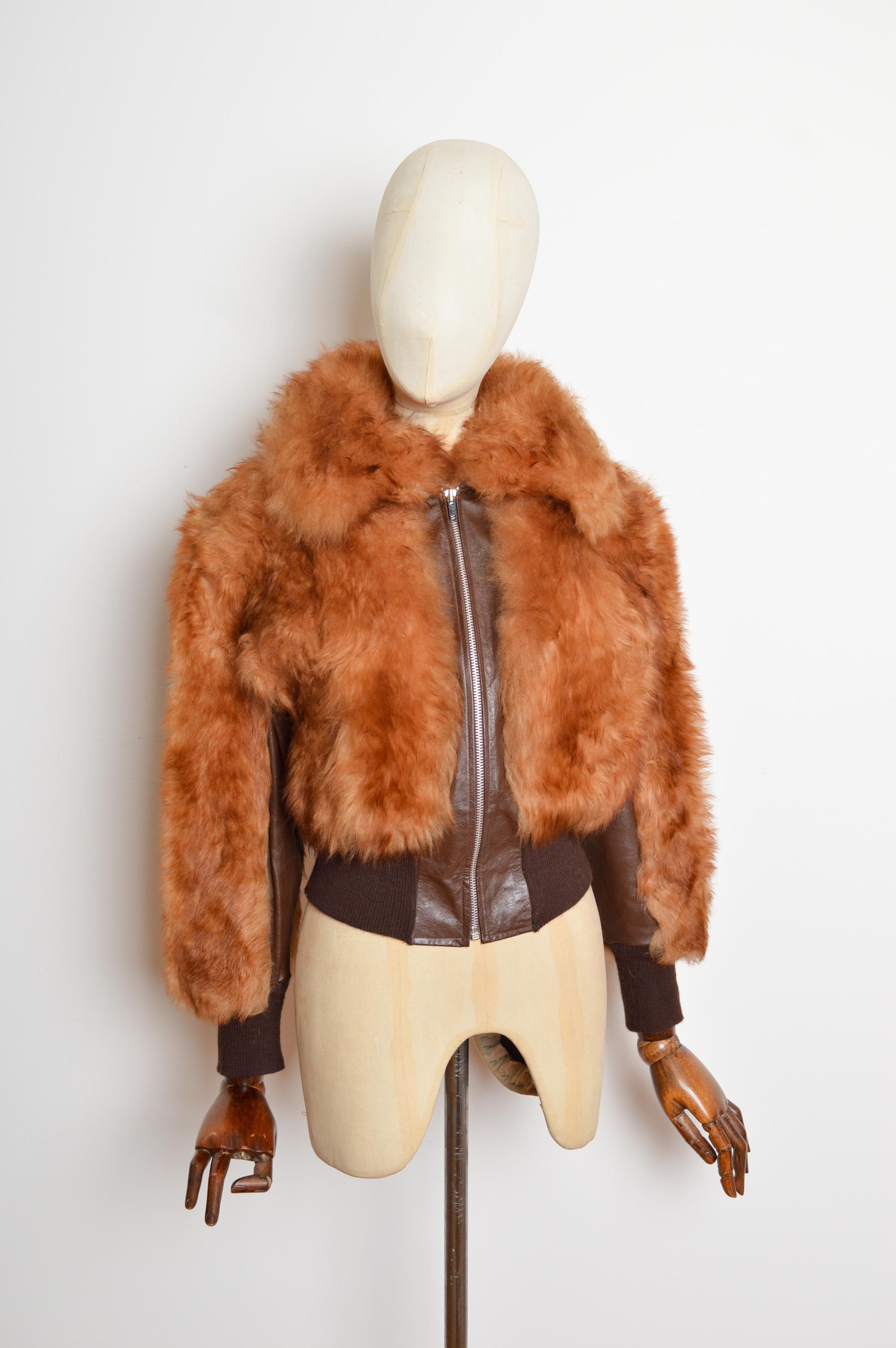 Vaporoso bomber anni '70 in montone Ginger e pelle marrone Cappotto di pelliccia in vendita 2