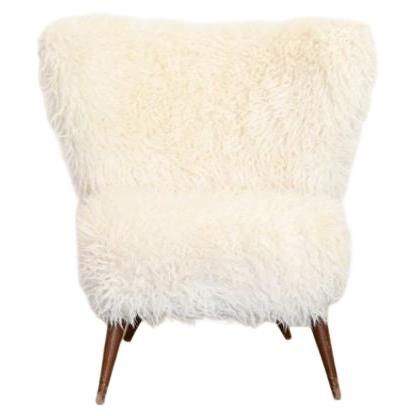 Fluffy Lounge Chair with White Faux Fur, 1950s For Sale