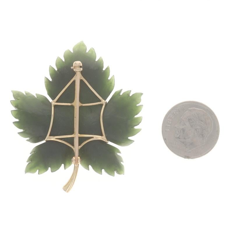 Women's Fluhler Nephrite Jade Vintage Leaf Brooch - Yellow Gold 14k Carved Botanical Pin For Sale