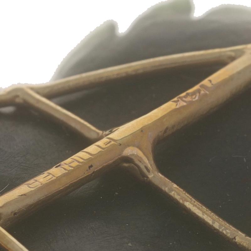 Fluhler Nephrite Jade Vintage Leaf Brooch - Yellow Gold 14k Carved Botanical Pin For Sale 1