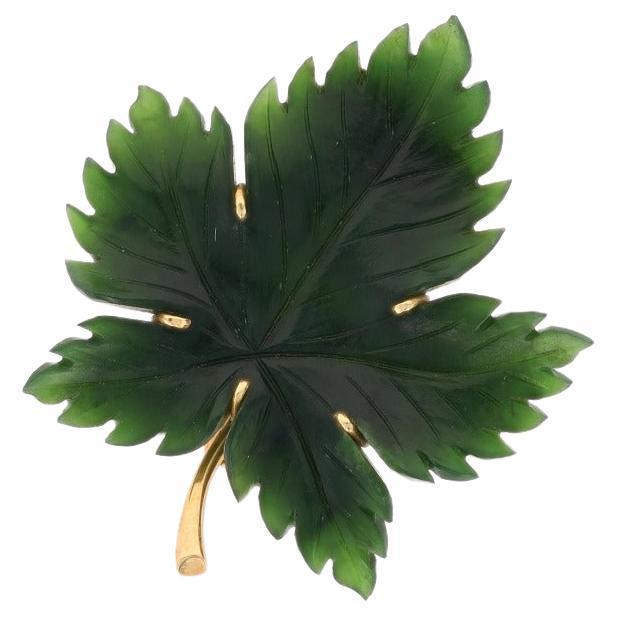 Fluhler Nephrite Jade Vintage Leaf Brooch - Yellow Gold 14k Carved Botanical Pin