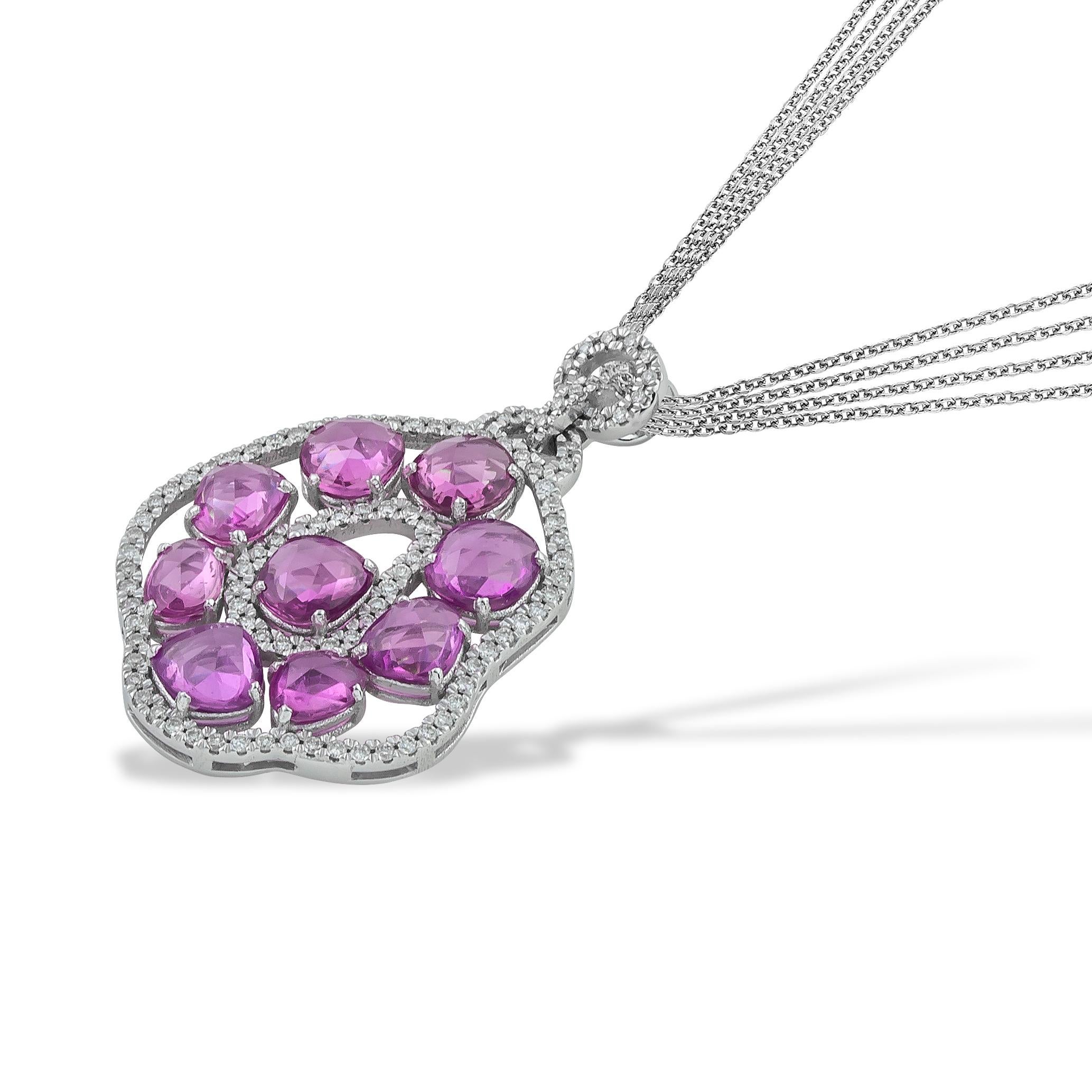 Fluid Silhouette and Organic Shapes Oval Pink Sapphire Pendant - Necklace set with diamonds in 18kt white gold. This rose cut pink sapphire necklace comes with Multi Chain ( x4 diamond cut rolo chain) in 18kt White Gold.
Original, Elegant with a