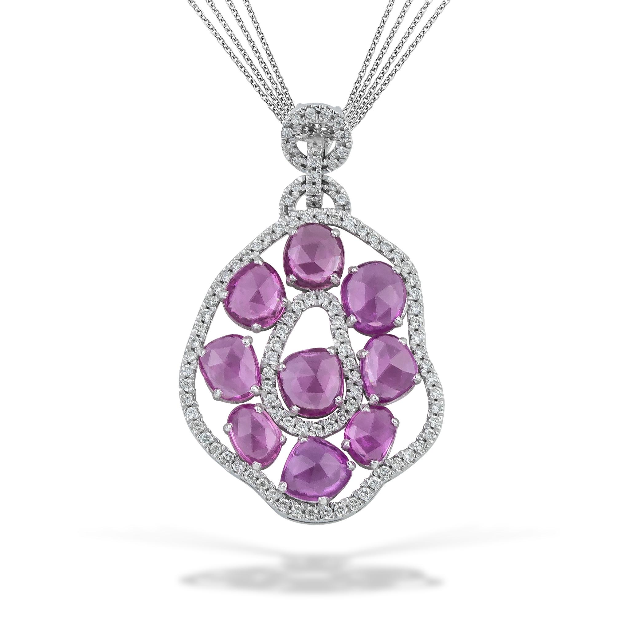 Halskette mit Goldanhänger, fließende Silhouette organische Formen, ovaler rosa Saphir, Diamant (Zeitgenössisch) im Angebot
