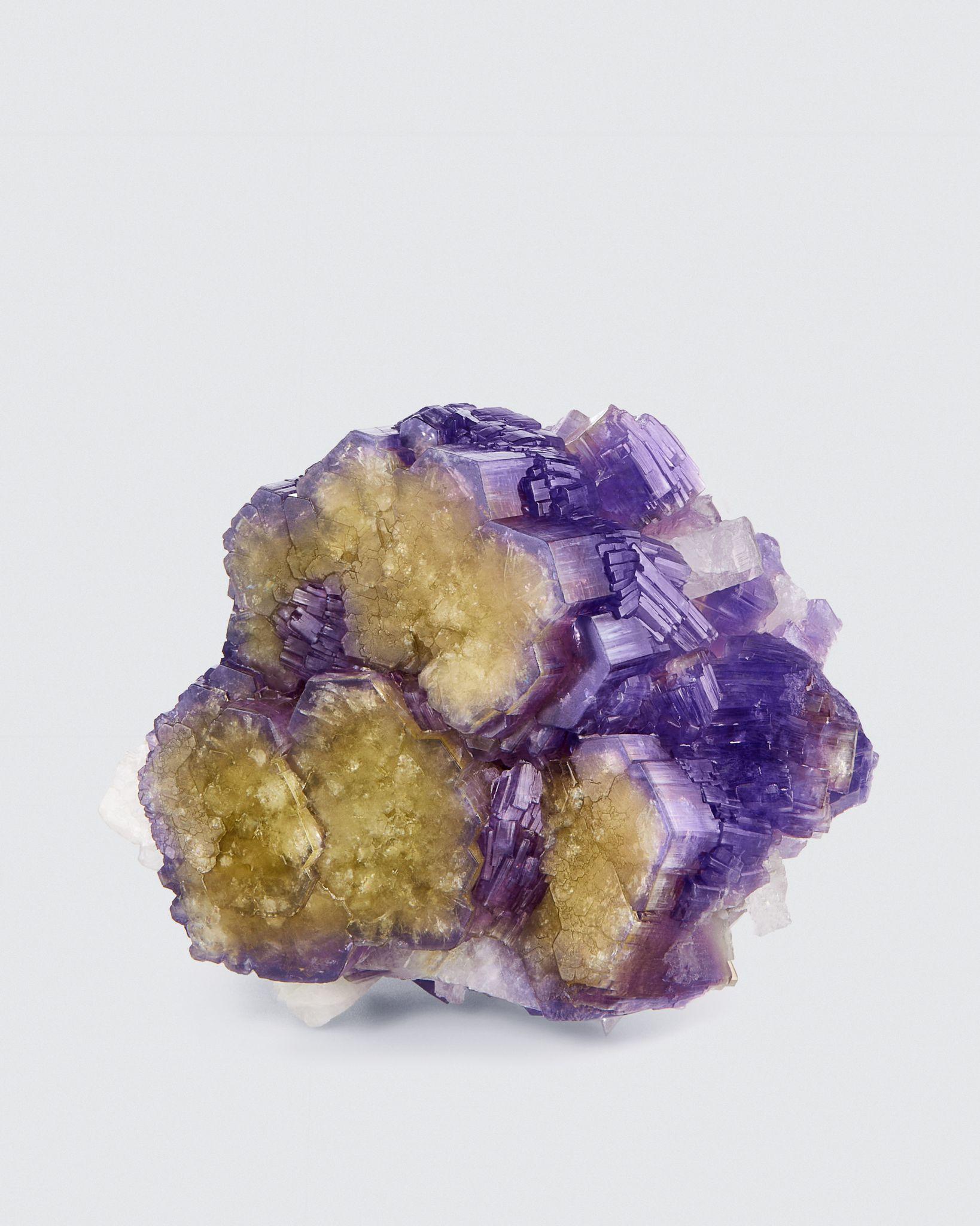 Fluorapatite (bicolore) con Cleavelandite, campo pegmatitico di Dara-e-Pech, distretto di Dara-e-Pech, Kunar, Afghanistan
6 cm di altezza x 7 cm di larghezza

La fluorapatite si trova in diversi colori, il viola è il più ricercato. Questo esemplare,