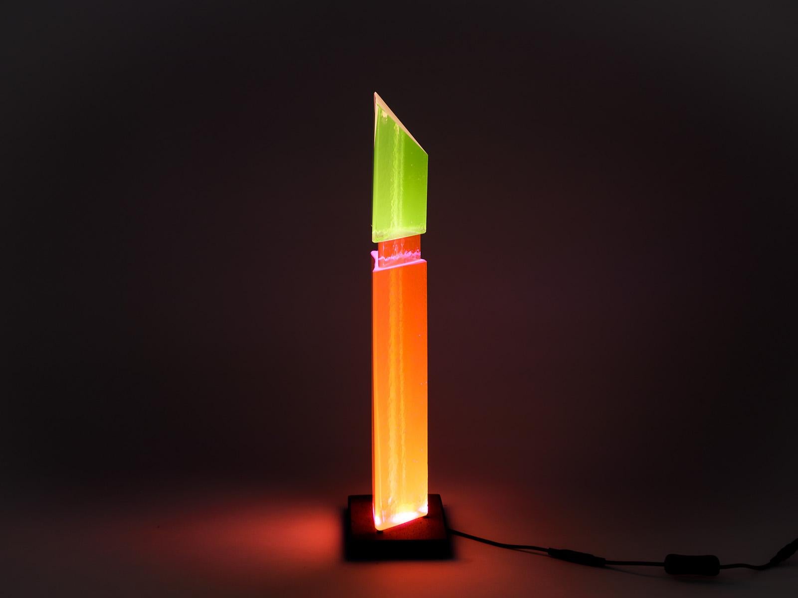 Modern Fluorescent Light Glass Sculpture Pink Green Orange by Yves Braun Table Lamp