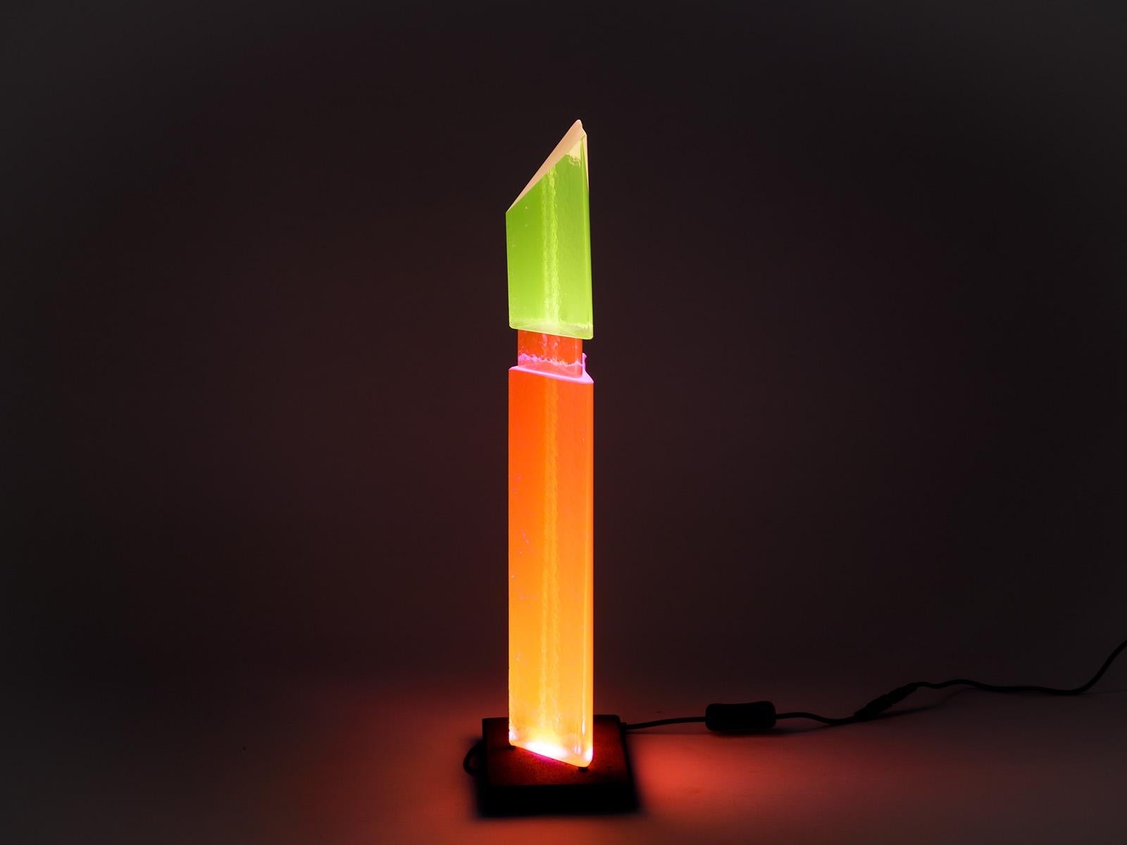 French Fluorescent Light Glass Sculpture Pink Green Orange by Yves Braun Table Lamp