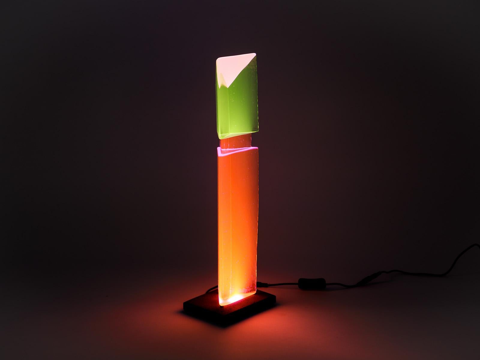 Cast Fluorescent Light Glass Sculpture Pink Green Orange by Yves Braun Table Lamp