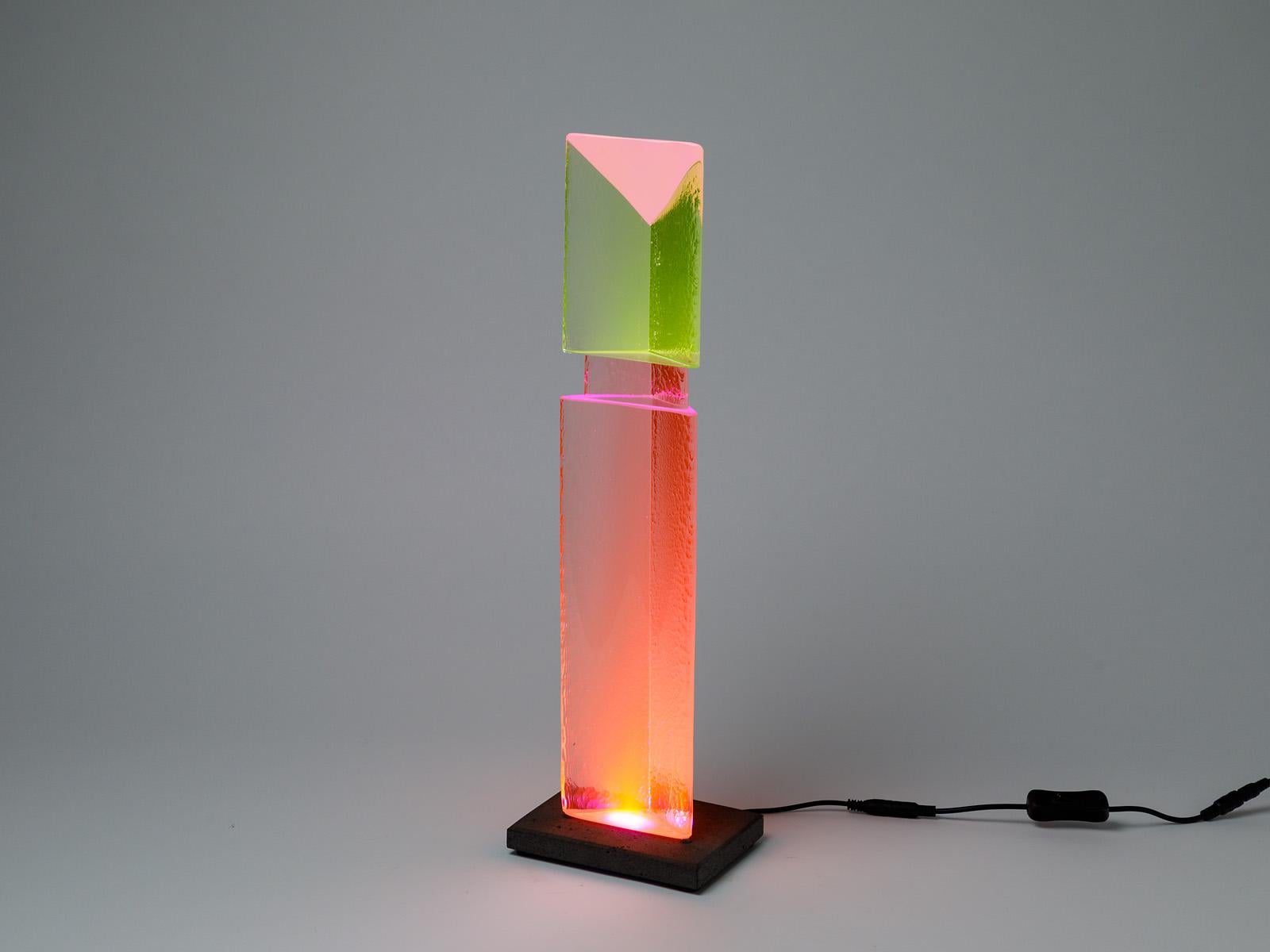 Contemporary Fluorescent Light Glass Sculpture Pink Green Orange by Yves Braun Table Lamp