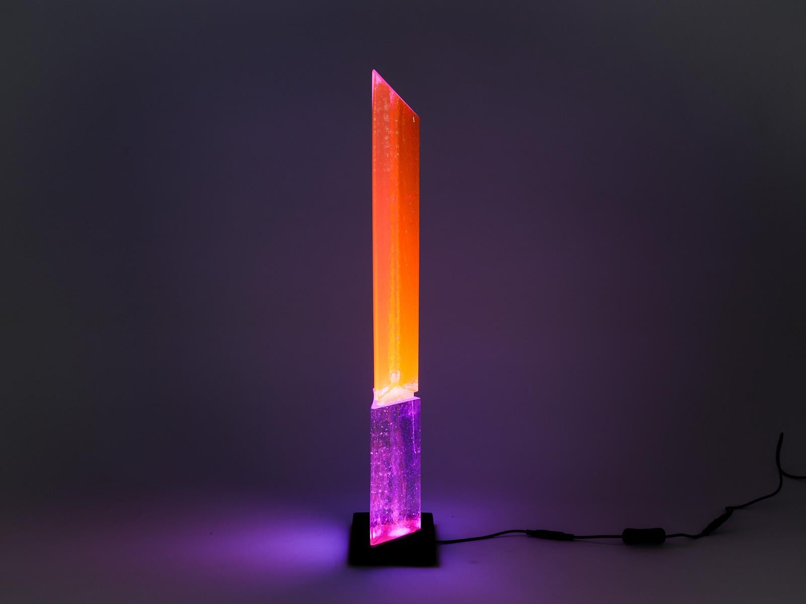 Modern Fluorescent Light Glass Sculpture Pink Purple Orange by Yves Braun Table Lamp