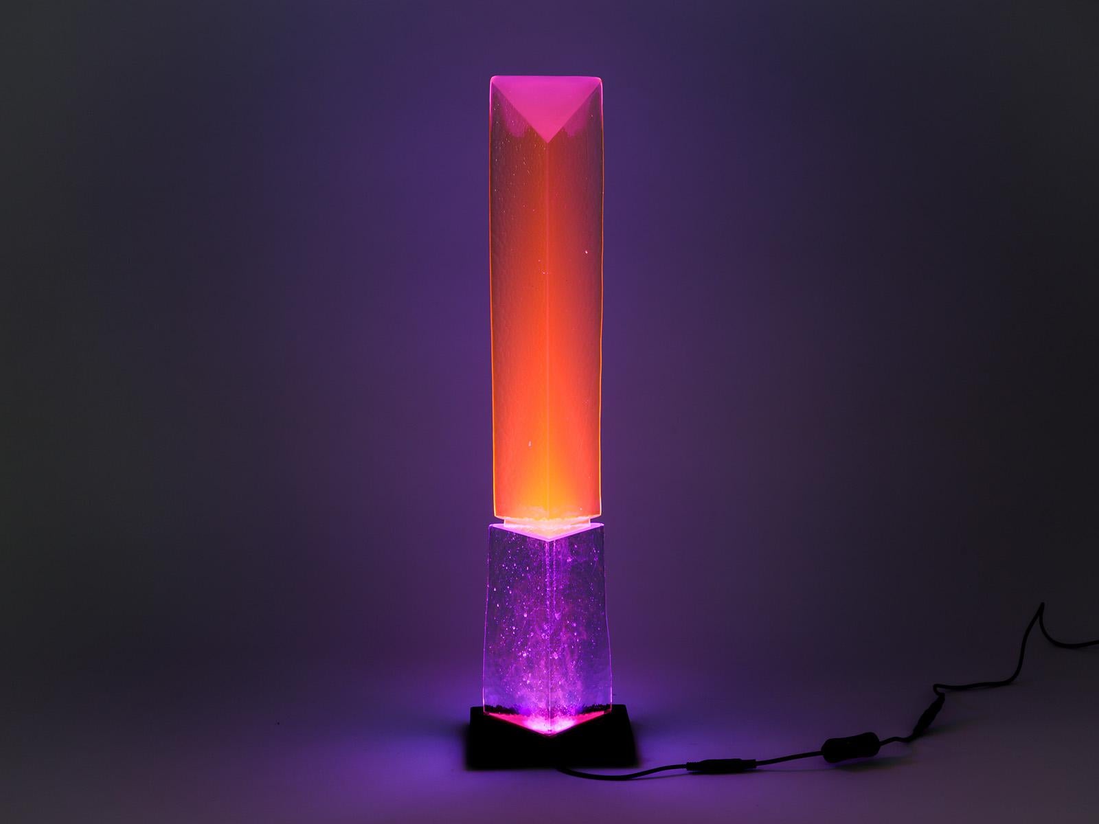 French Fluorescent Light Glass Sculpture Pink Purple Orange by Yves Braun Table Lamp