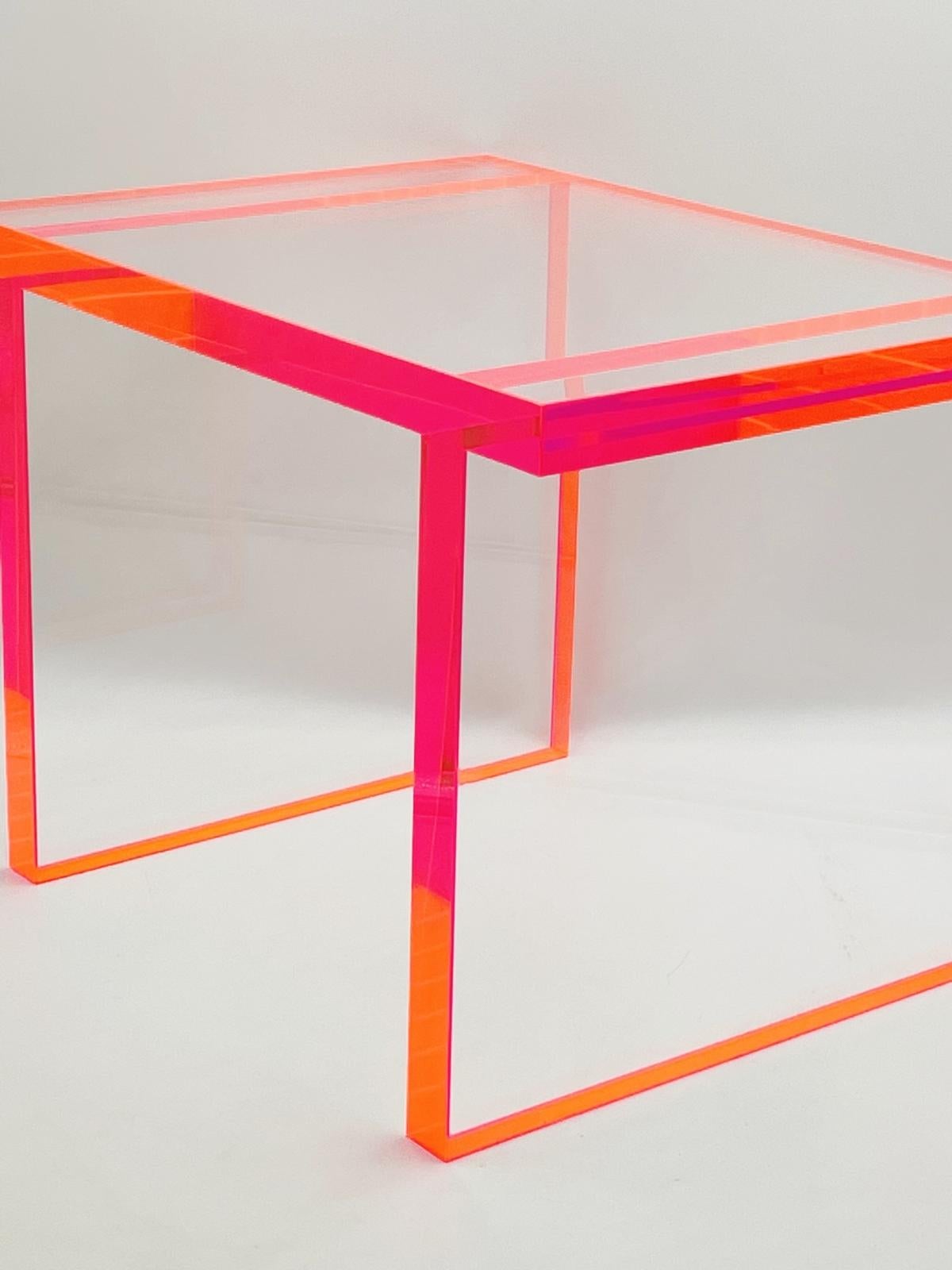 Fluorescent Pink & Clear Lucite Bench by Amparo Calderon Tapia For Sale 3