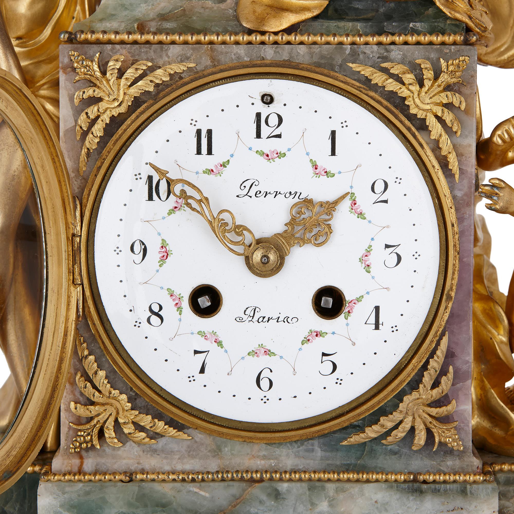 Neoclassical Fluorite and Gilt Bronze Clock, Depicting 'Love'