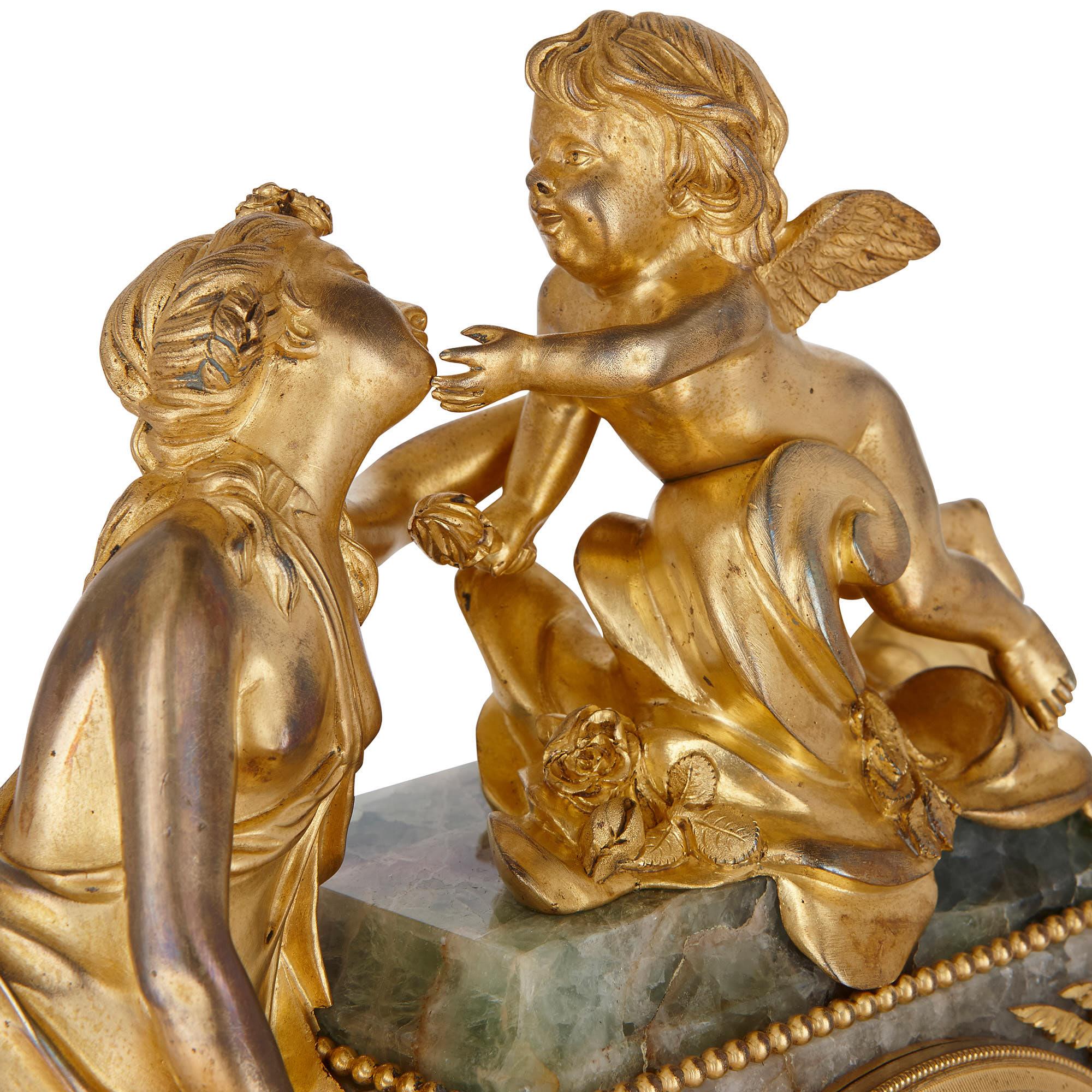 French Fluorite and Gilt Bronze Clock, Depicting 'Love'