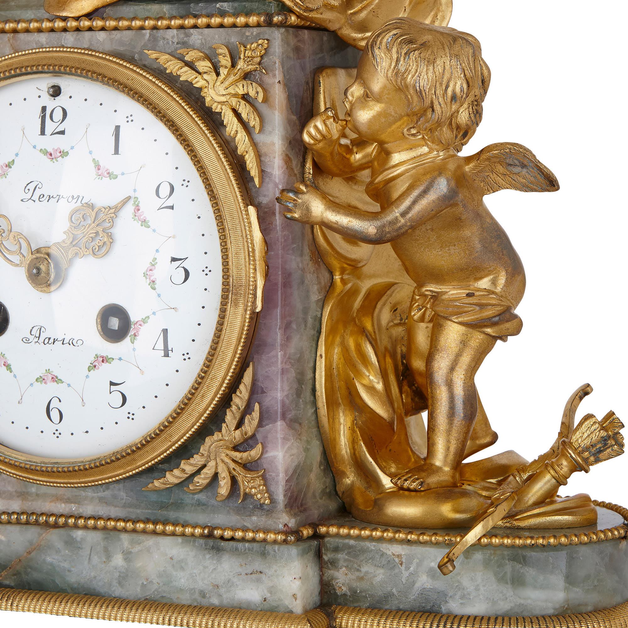 Fluorite and Gilt Bronze Clock, Depicting 'Love' In Good Condition In London, GB