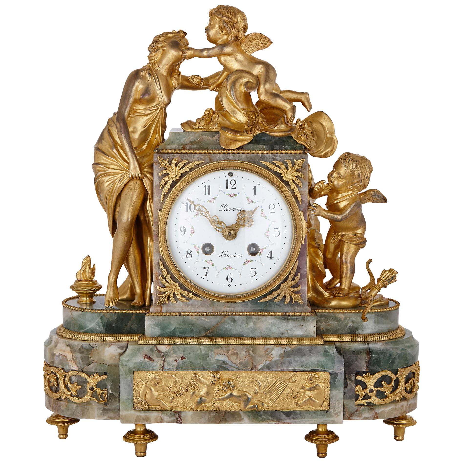 Fluorite and Gilt Bronze Clock, Depicting 'Love'