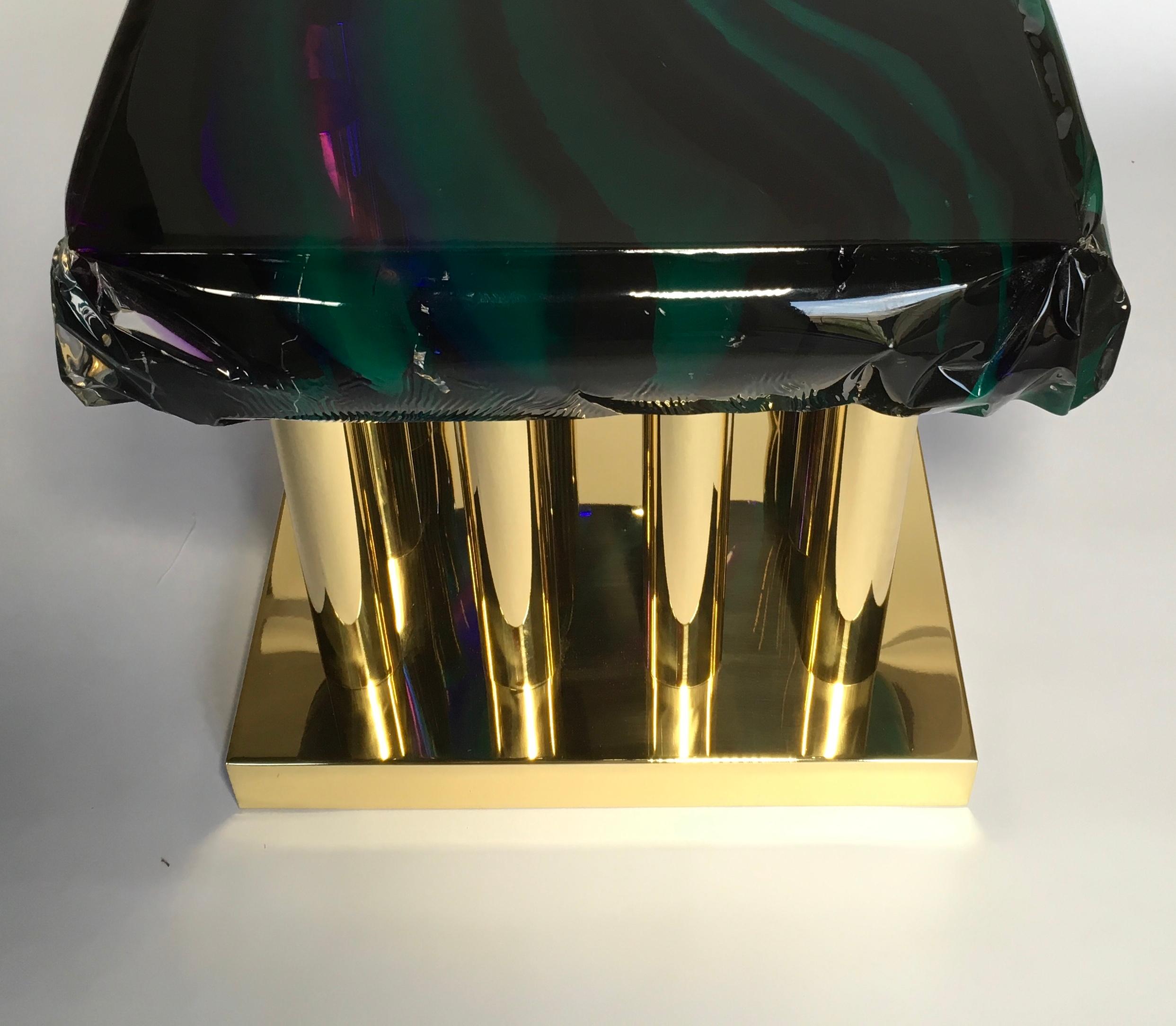 Coffee table in multi-color plexiglass with sixteen brass legs designed by Studio Superego for Superego Editions, in 2018. Unique piece.

Superego editions was born in 2006, performing a constant activity of research in decorative arts by offering