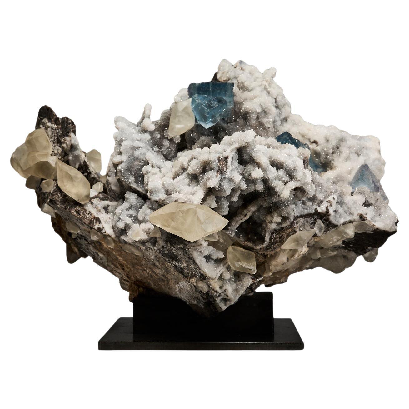 Fluorite Cubes with Creamy Calcite on Quartz Matrix