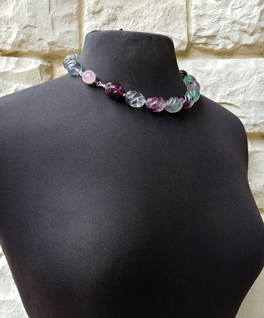 Fluorite Necklace With Vintage German Glass Scarab Clasp In Excellent Condition In Chesterland, OH