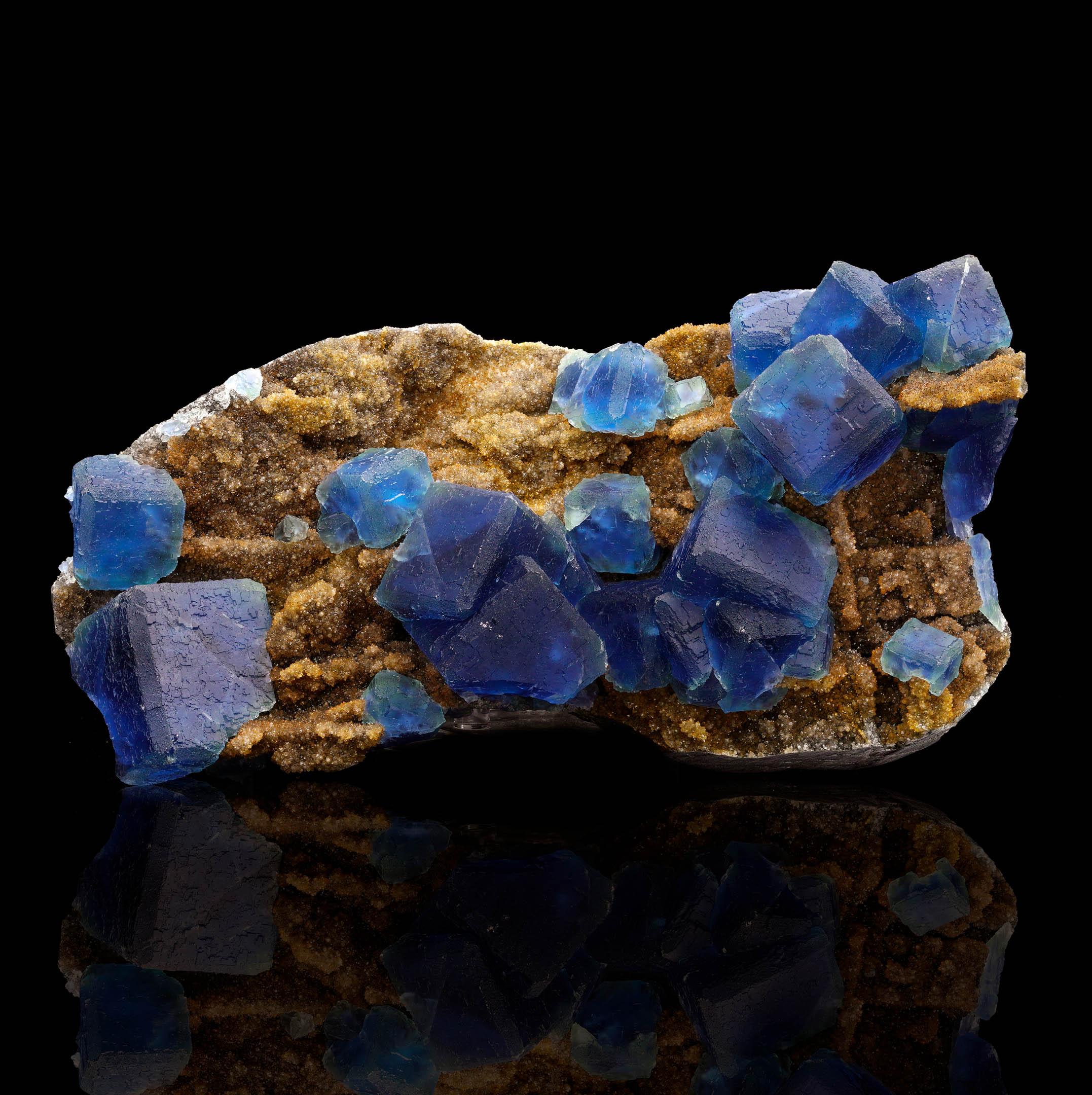 This Fluorite on Citrine specimen from China showcases a stunning contrast of deep cobalt-blue natural Fluorite cubes against a sparkling golden Citrine Quartz matrix. Each Fluorite crystal exhibits sharp, well-defined faces with mesmerizing