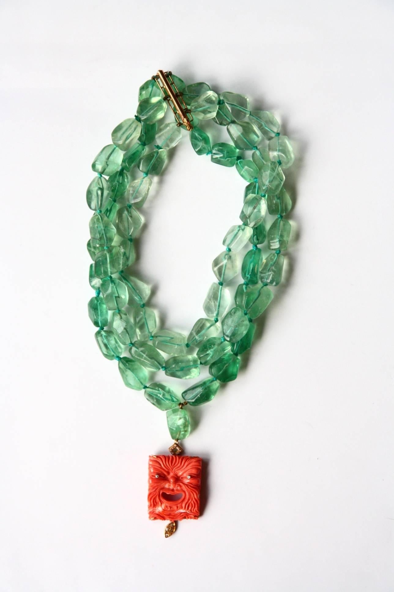 Necklace with fluorite stone, fine carved sciacca coral  gr 22  fine engrave with Eolo face, diamonds,  18 kt gold 15,40 gr.
All Giulia Colussi jewelry is new and has never been previously owned or worn. Each item will arrive at your door