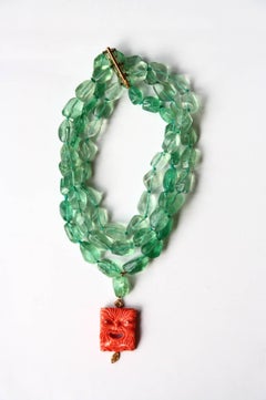 Fluorite Stone Carved Coral Diamonds 18 Karat Gold Necklace