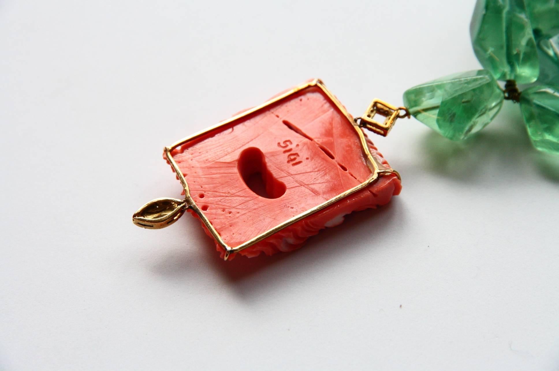 Mixed Cut Fluorite Stone Carved Coral Diamonds 18 Karat Gold Necklace For Sale