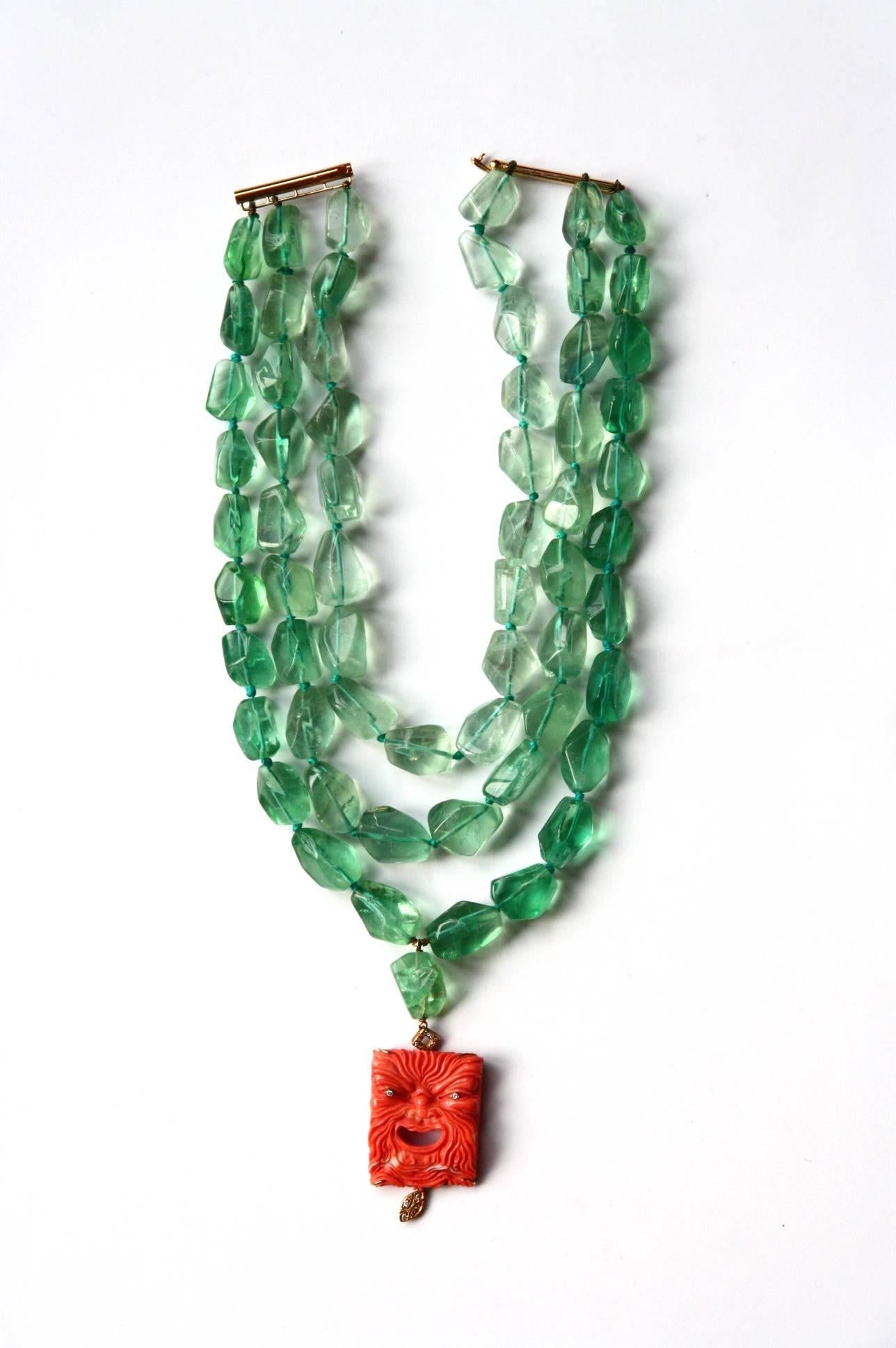 Women's Fluorite Stone Carved Coral Diamonds 18 Karat Gold Necklace For Sale