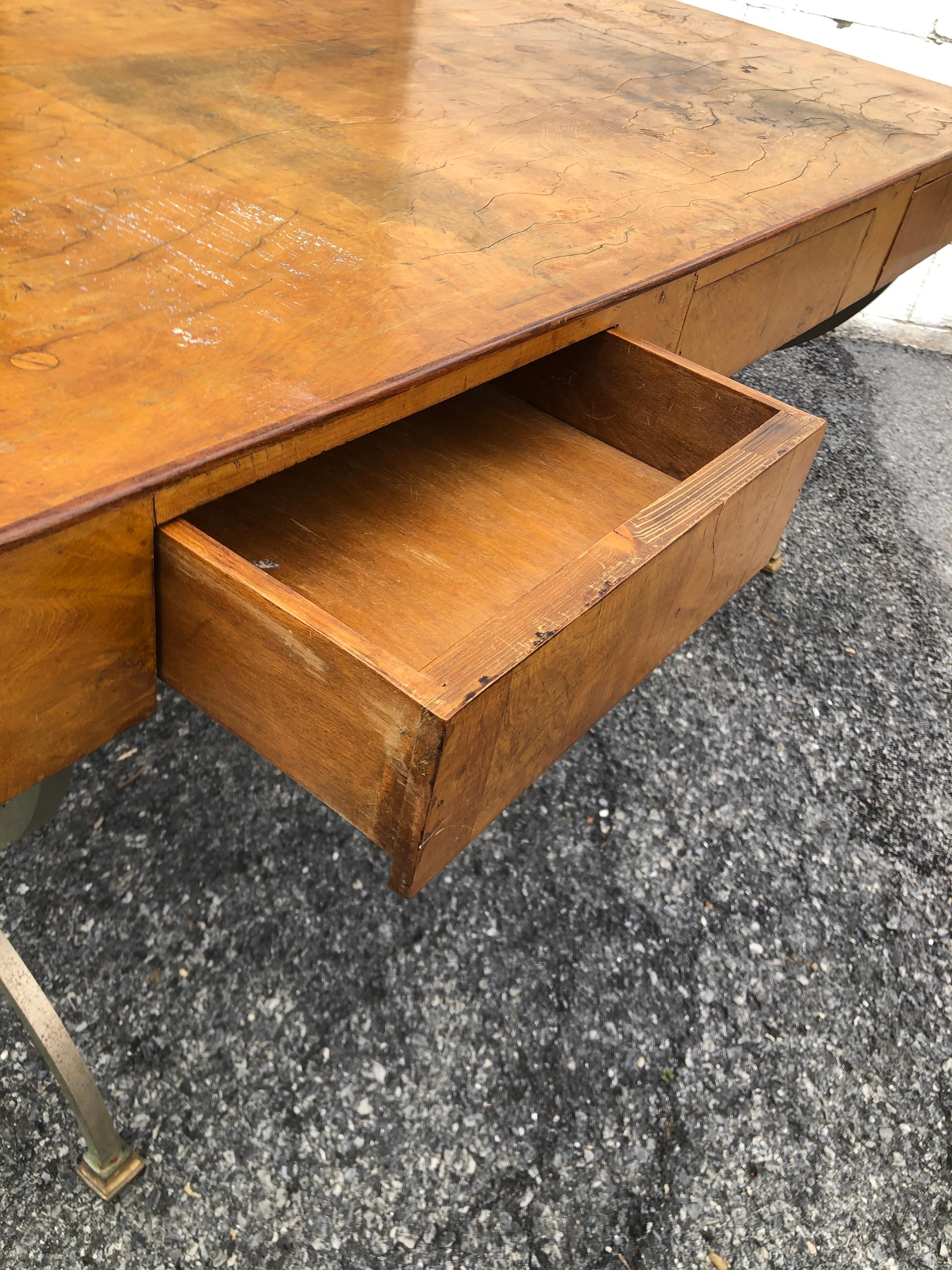 Flush Front Burled Elm Campaign Desk by Maison Jansen For Sale 8