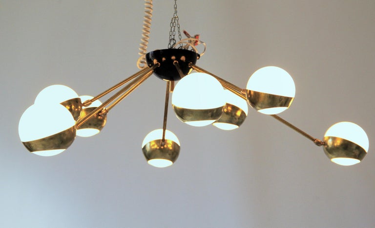 Flush Mount Brass and Glass Chandelier 8 Arms, Stilnovo Style, Low Ceiling Best For Sale 4