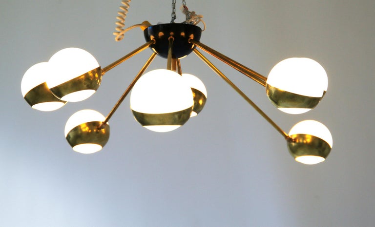 Flush Mount Brass and Glass Chandelier 8 Arms, Stilnovo Style, Low Ceiling Best For Sale 9