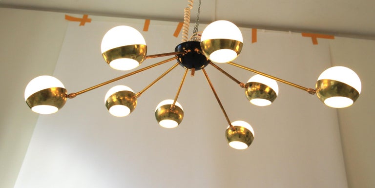 Flush Mount Brass and Glass Chandelier 8 Arms, Stilnovo Style, Low Ceiling Best For Sale 11