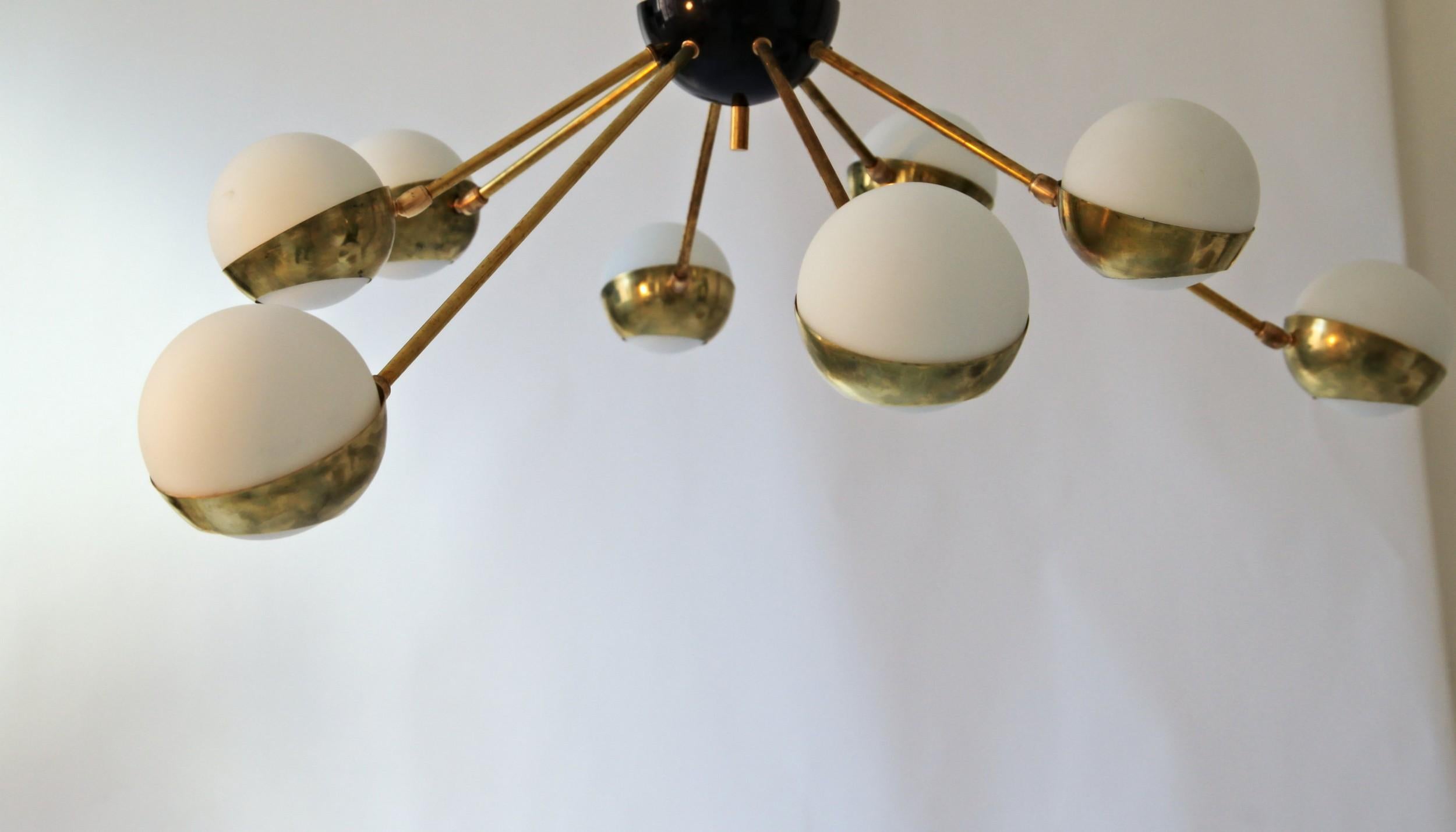 Flush Mount Brass and Glass Chandelier 8 Arms, Stilnovo Style, Low Ceiling Best For Sale 9