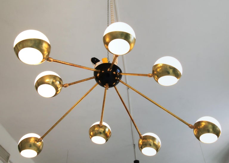 Lacquered Flush Mount Brass and Glass Chandelier 8 Arms, Stilnovo Style, Low Ceiling Best For Sale
